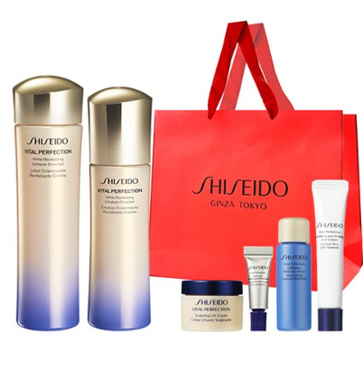 시세이도 바이탈 퍼펙션 화이트 리바이탈라이징 베이직 소프너 150ml + 에멀전 100ml + 세럼 10ml + 크림 15ml + 트리트먼트 2ml + 아이크림 5ml + 쇼핑백 세트